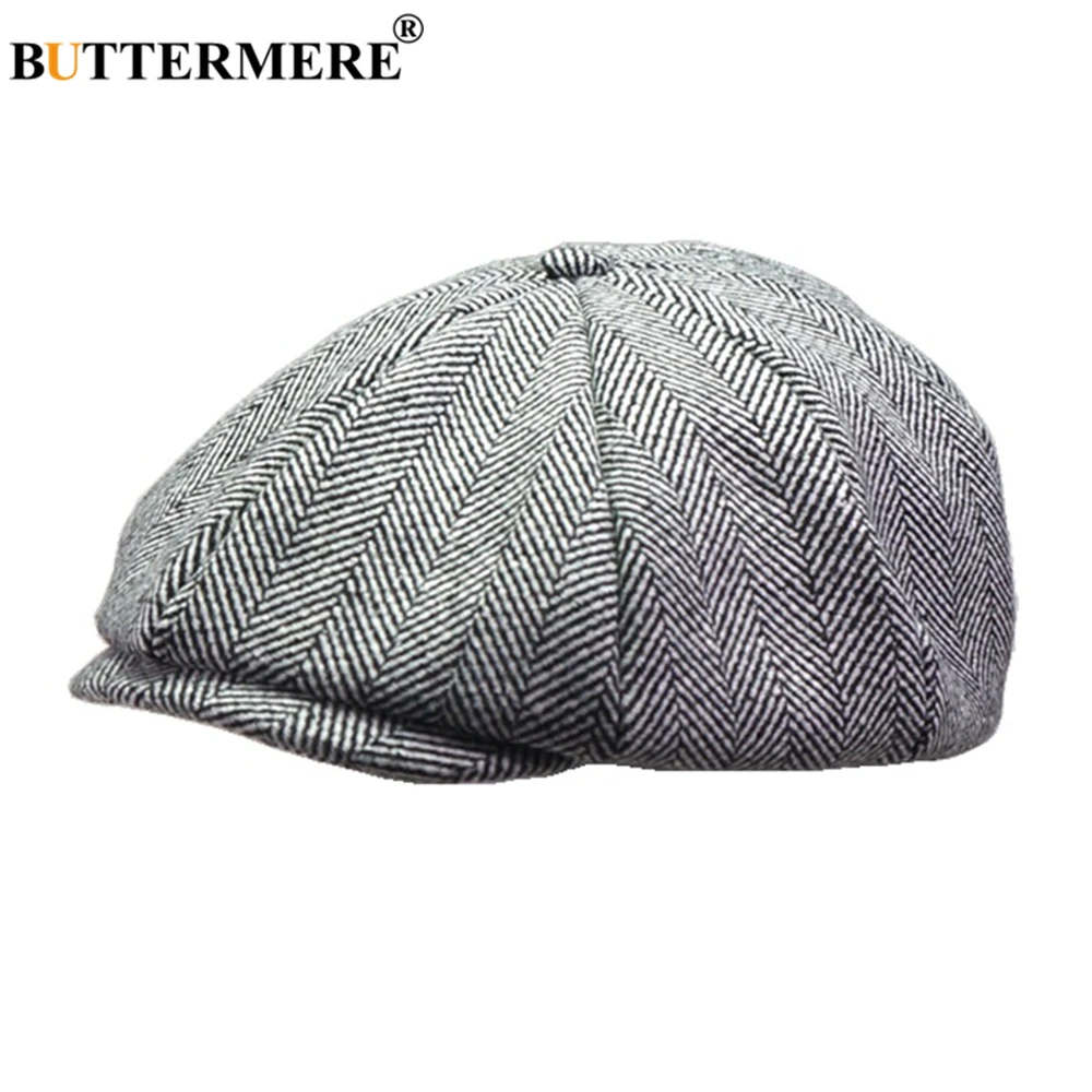 BUTTERMERE Newsboy Cap Hat Men Women Wool Octagonal Hat Light Gray Herringbone British Style Male Female Beret Brand Flat Cap