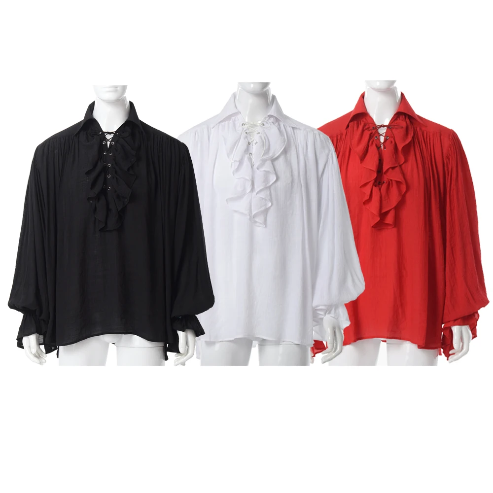 Men Pirate Shirt Theater Vampire Prince Poet Shirts Medieval Lace Up Renaissance Vintage Gothic Viking Blouse Tops