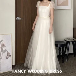 Fancy Korea Square Neck Wedding Dress Photo Shoot A Line Soft Tulle Bridal Gown Short Sleeve Floor Length 웨딩드레스 customized