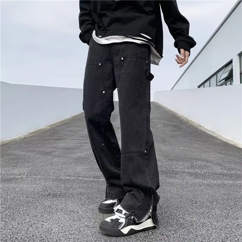 Jeans male restoring ancient ways is popular logo ins high street open fork leg loose straight zipper wide-legged pants