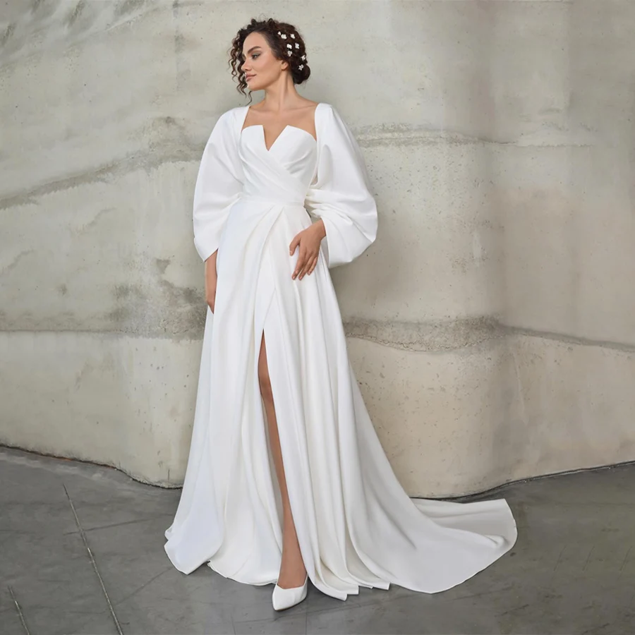 

Off-Shoulder Front Split Evening Dress Backless Lace Up With Removable Bow Custom Made Prom Wedding Gowns