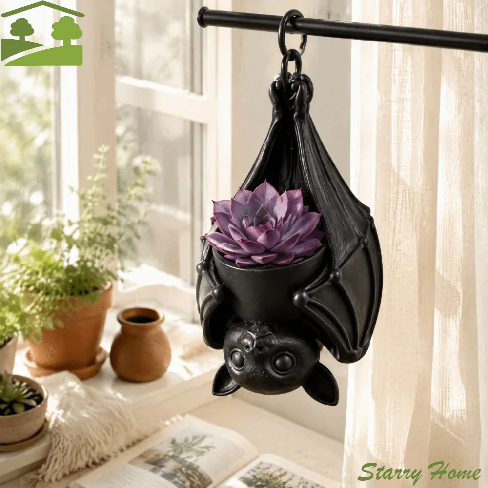 3D Printed Upside Down Bat Hanging Planter Gothic Style Whimsical Hanging Bat Plant Pot Plastic Realistic Bat-Shaped Flower Pot