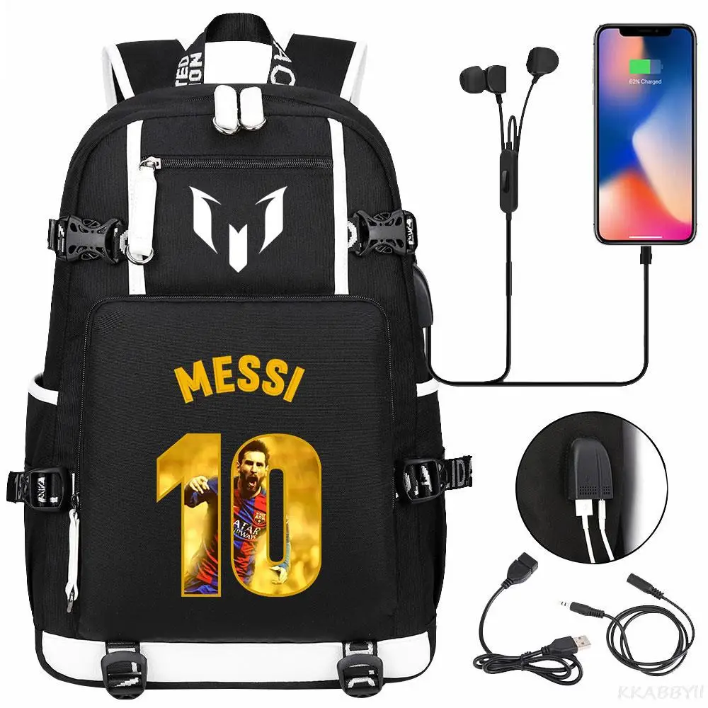 Messi-Sac à Dos d\'École Noir pour Garçon et Fille, avec Chargeur USB, 4x4, Mochila InTalk l