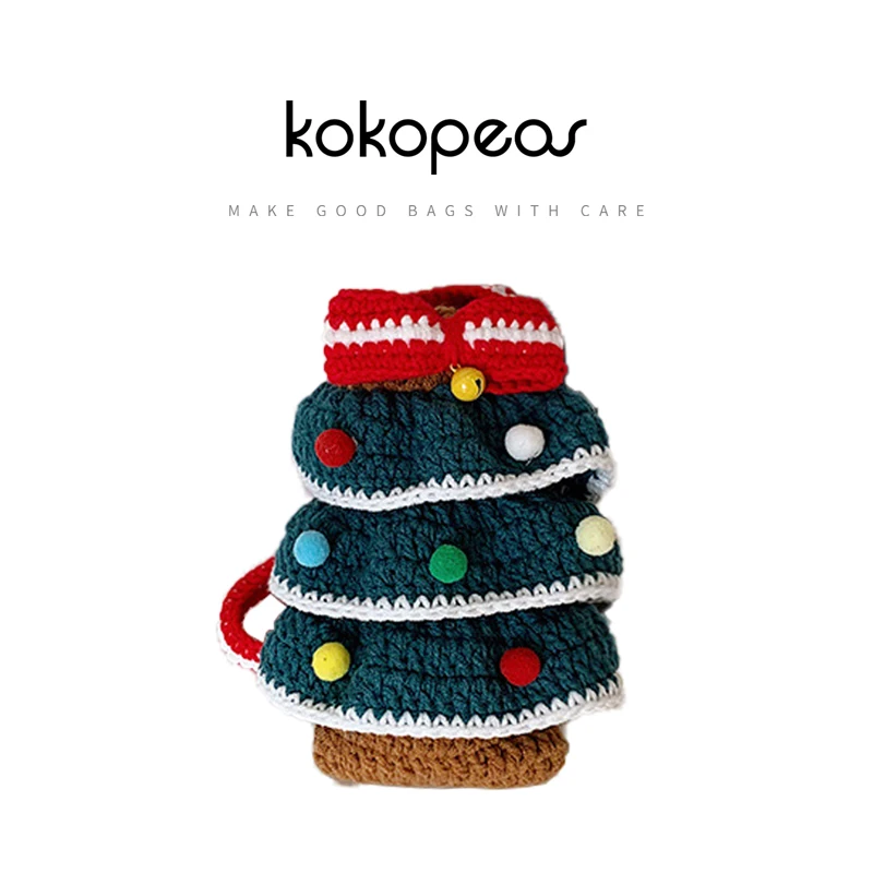 KOKOPEAS Winter Girls Knitted Christmas Tree Small Phone Purse Cotton Fabric Bow Bell Korean Style Fashion Simple Crossbody Bag