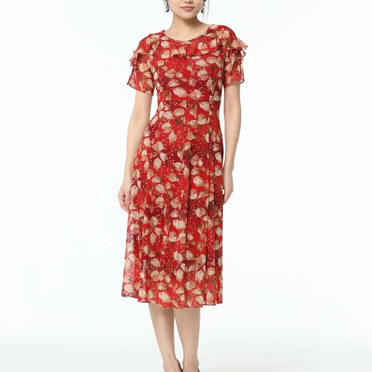 【Ximphony Select】Luxury Elegant Smart O-neck Detail Short Sleeves Rose Print Red Silk-Feeling Dress for Women Summer Fall