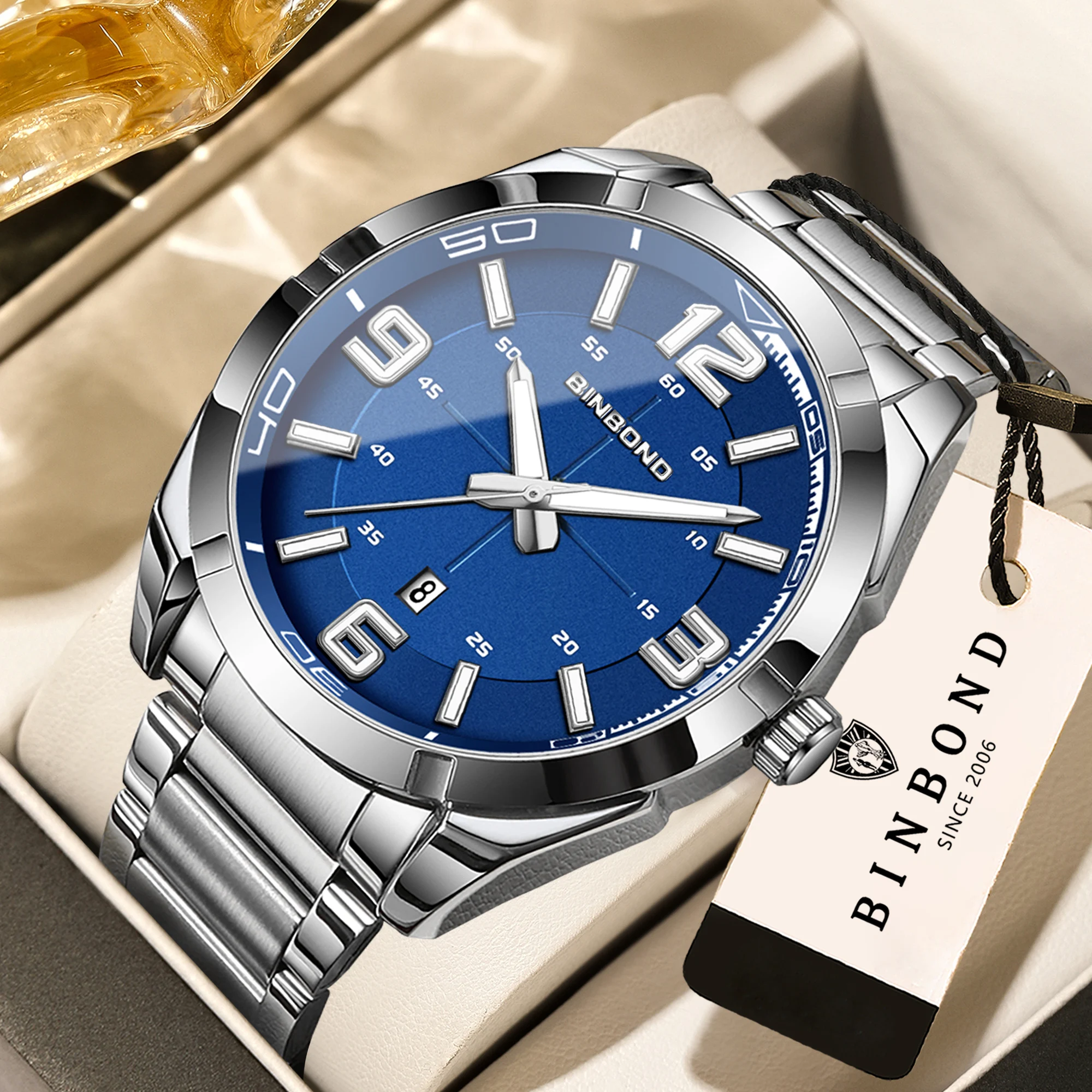 BINBOND Herrenuhr aus Edelstahl, Quarzuhr für Herren, luxuriös, leuchtend, wasserdicht, Reloj Hombre, Relojes De Pulsera De Cuarzo