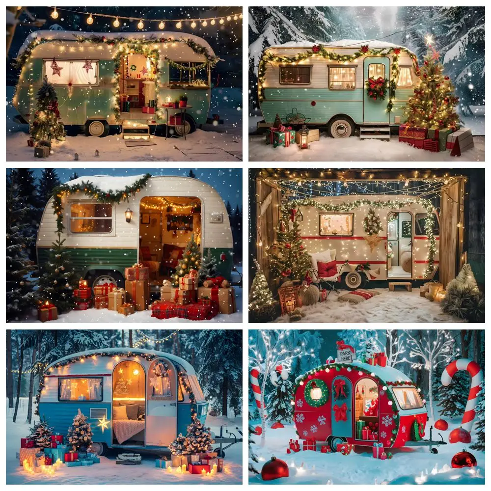 Christmas Winter Camping Car Backdrop Giltter Lights Outdoor Snowfield Forest Xmas Travel Portrait Photography Background Decor