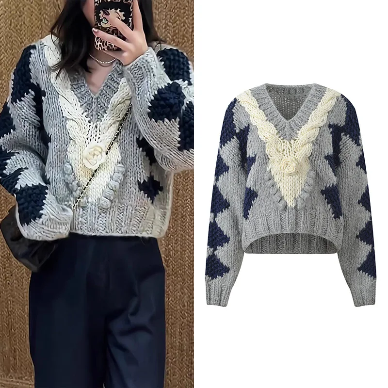 

Высококачественный европейский свитер ручной работы с массивными иглами, женский свободный вязаный топ, повседневный V-Ne, длина