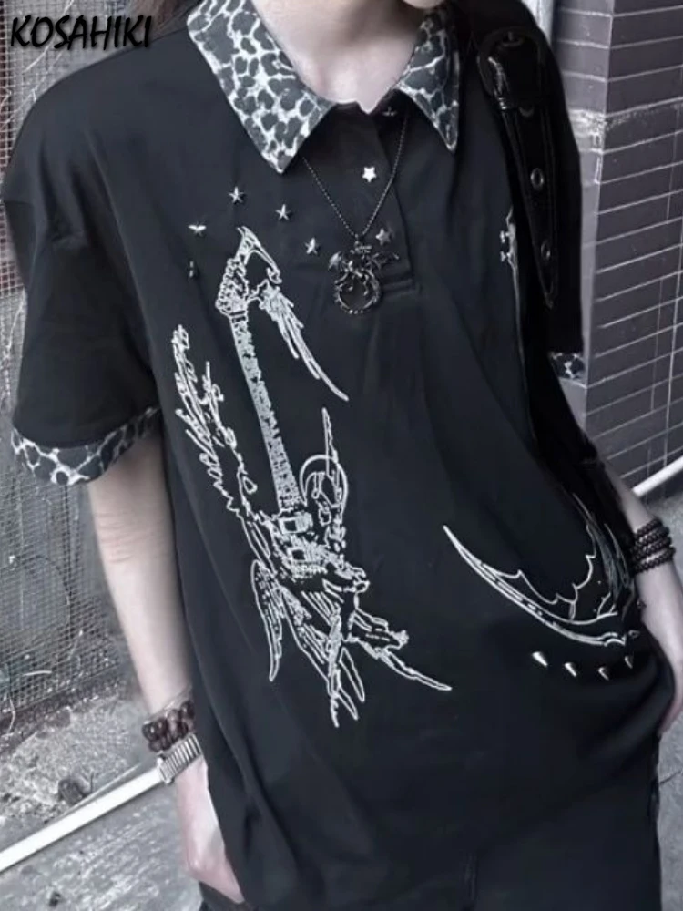 Y2k Ästhetischer Druck Vintage Casual Tops 2025 Streetwear Leopard Patchwork