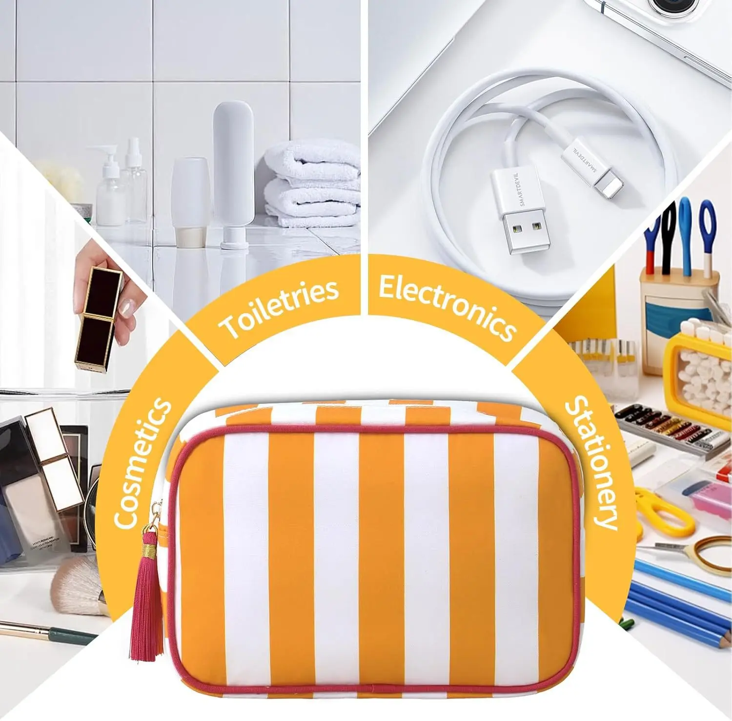 Große gestreifte tragbare Kosmetiktasche für Damen, Make-up-Tasche mit Quasten und Reißverschluss, große Kapazität, lässige Tragetasche mit Reißverschluss – Detail 3