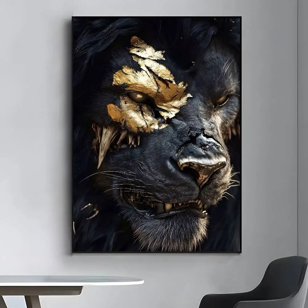 الحيوانات الأسود والذهبي النمر الأسد المشارك الفن قماش HD الجمالية ورق الطباعة جدار الفن لغرفة المعيشة بار ديكور المنزل الموضة