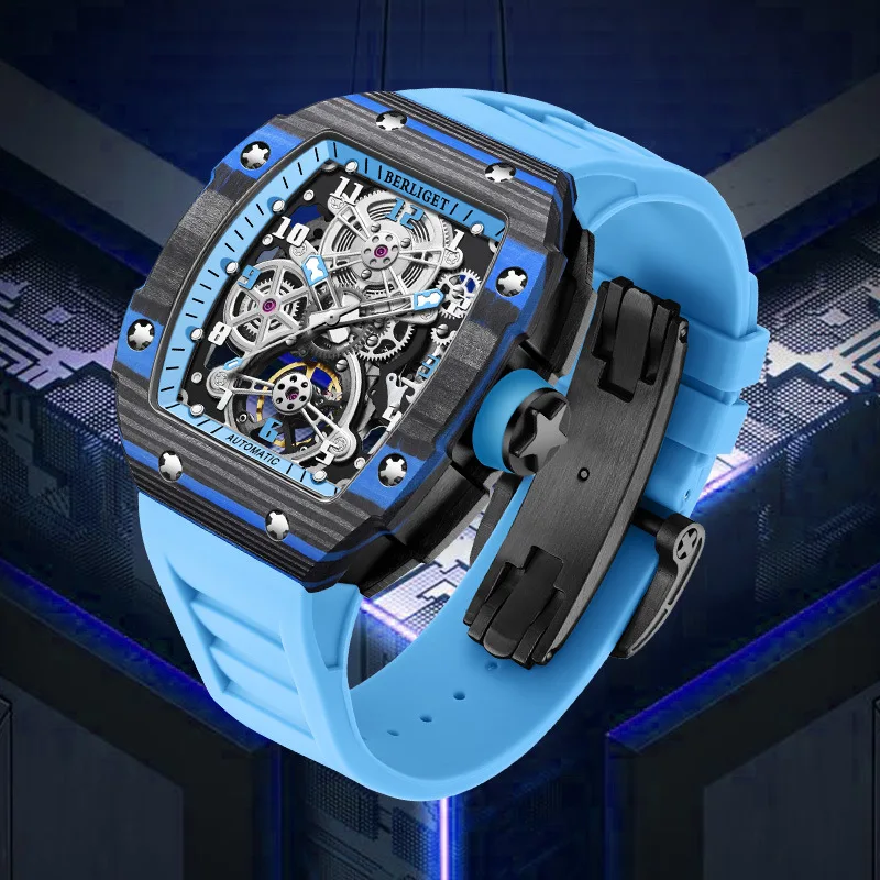 럭셔리 패션 방수 빛나는 탄소 섬유 케이스 자동 남자 시계 기계식 손목 시계 남성용 선물 시계 남성