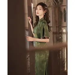 Deep Green Cheongsam 2022 New Retro Temperament Elegant Long Improved High-end Dress Girl Summer Women Qipao Dress