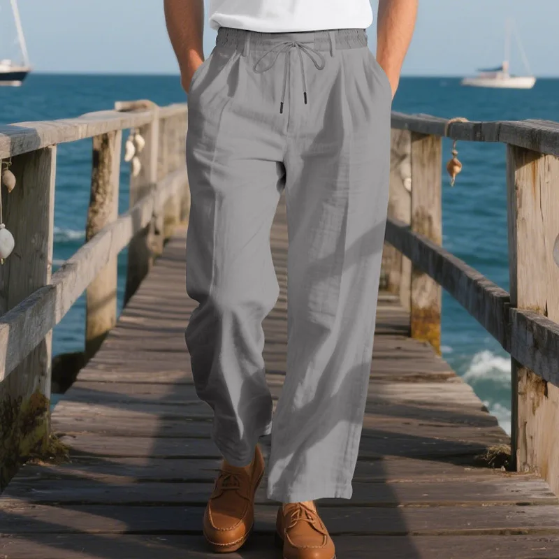 New Summer Men's Breathable Solid Color Cotton and Linen Drawstring Casual Trousers Italian Style