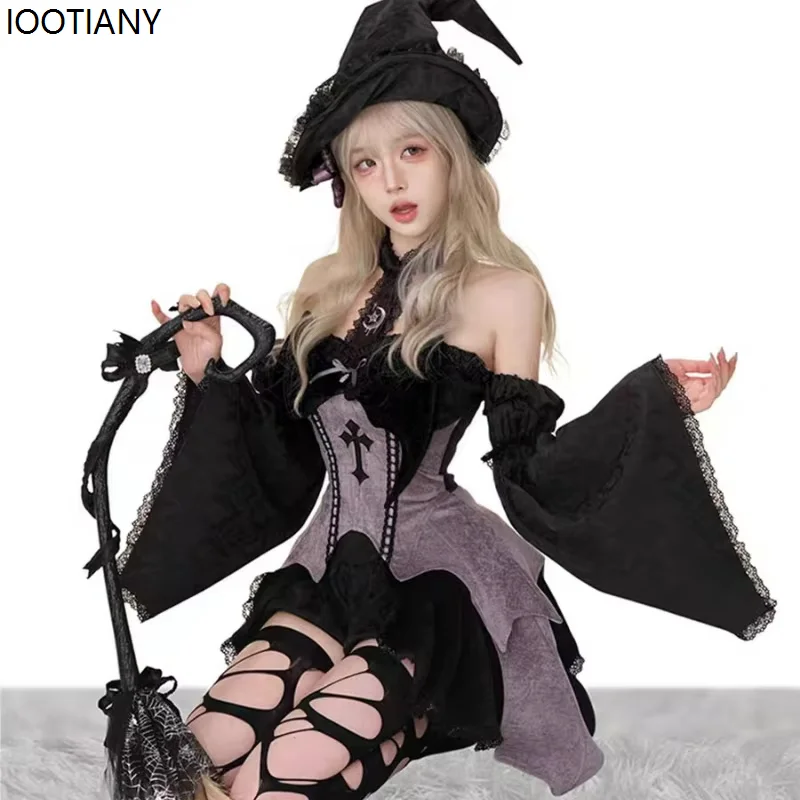 2025 Autumn Winter Sweet Lolita Dress Sets Carnival Gothic Witch Flare Sleeves Top Mini Skirt Korean Vintage Dresses