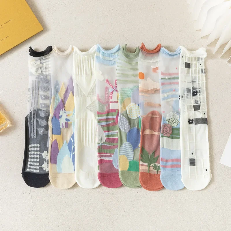 Cute Ultra-thin Transparent Crystal Silk Socks Fashion Woman Socks Harajuku Floral Retro Japan Style Colorful Kawaii Socks