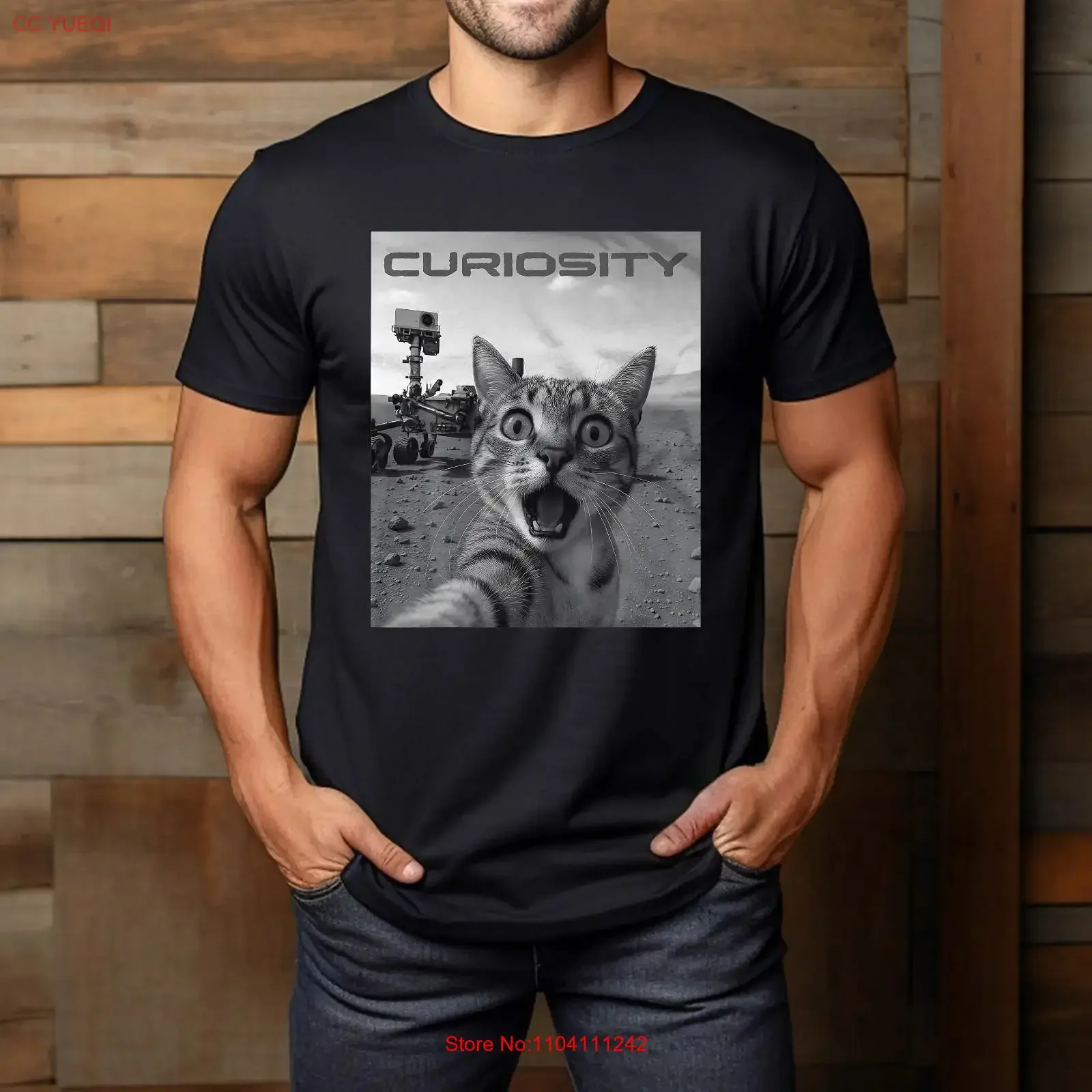 Funny Cat Selfie Meme On Mars Curiosity Pun For Space Lovers T Shirt vintage Washed streetwear graphic Top For Everyday Wear