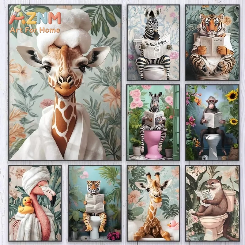 1pc  Zebra Giraffe Bathroom Canvas Poster Funny Tiger Reading Newspaper Animal Plant Wall Art for Modern Toilet Home Decor Gift
