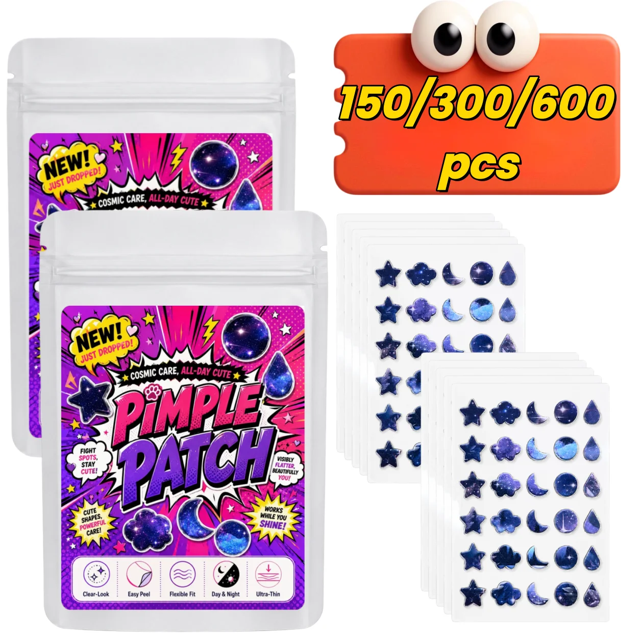 150/300/600 Pcs Cosmic Moon Star Cloud Pimple Patches, Ultra-Thin Spot Covers for Fresh Clear-Look Care