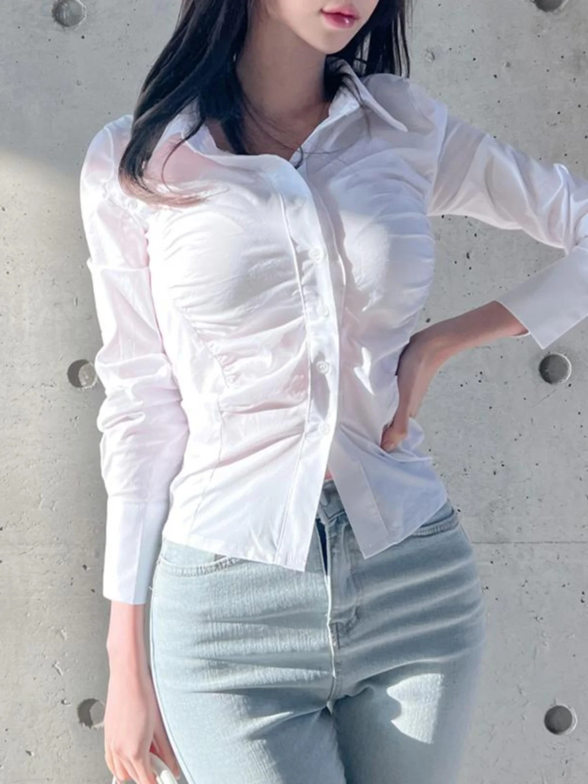 

Женская приталенная блузка с длинным рукавом в корейском стиле для ранней осени, с оригинальным дизайном, сексуальная, модная, с воротником