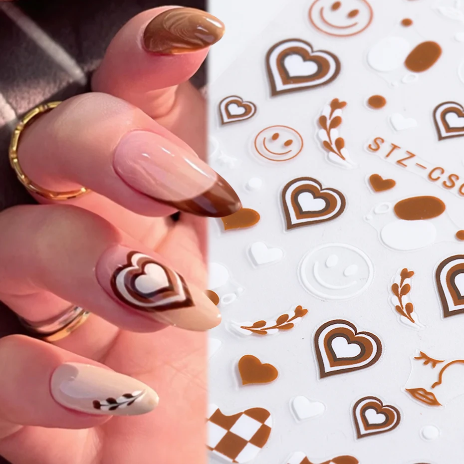 Nails Minimalist Spiral Heart Stickers Brown White Simple Stripes Abstract Smile Face Manicure 3D Nail Pasted Decals BESTZ-CS078