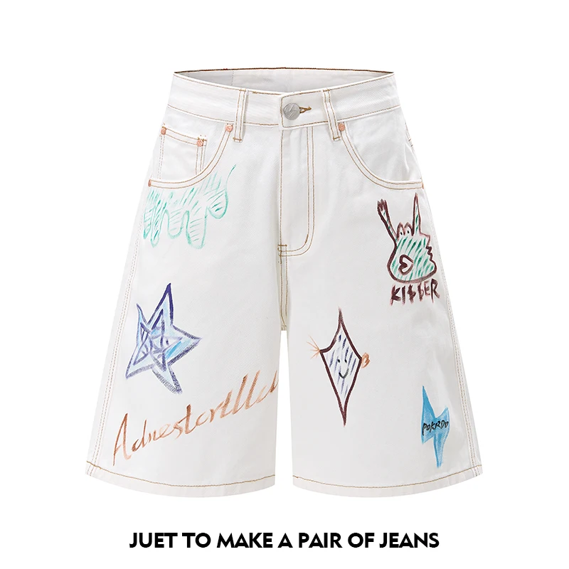 2026 summer brand American high street hand-painted graffiti lightning denim shorts 100% cotton men's wide-leg jeans white jorts