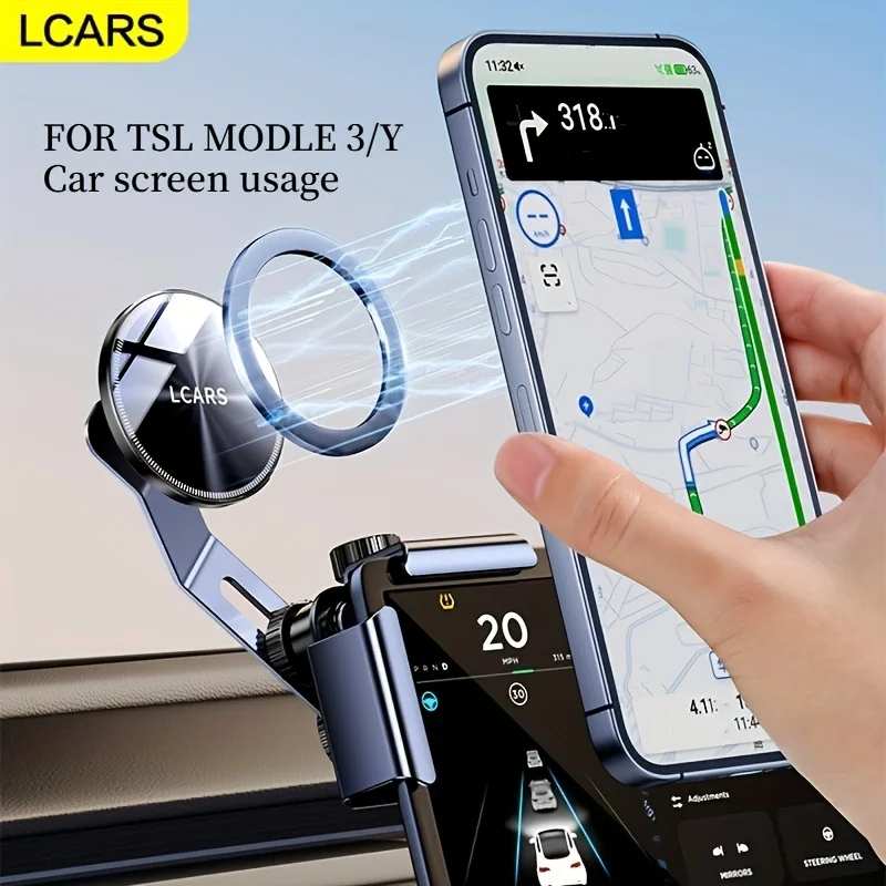 Soporte para Teléfono con Base de Aleación de Aluminio para Pantalla de Coche, Específico para Tesla Model 3 y Model Y, Ajustable a Múltiples Ángulos, Soporte Magnético para Navegación, Incluye una Placa Metálica para Fijar a la Carcasa del Teléfono, Comp