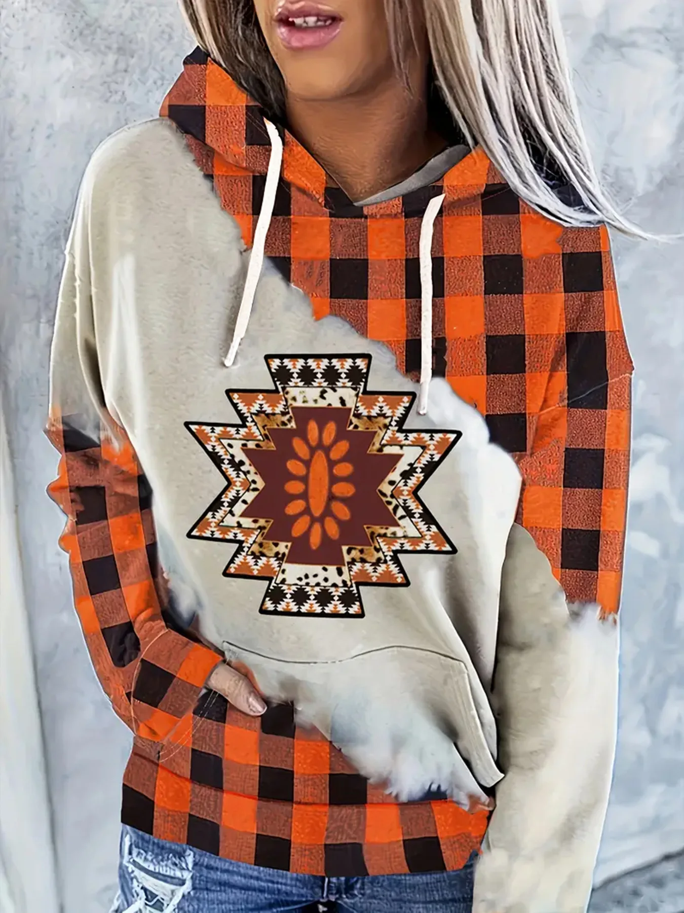 Women's casual geometric horse 3D printed long sleeved drawstring pullover top, ethnic style hooded sweatshirt, women's retro ca