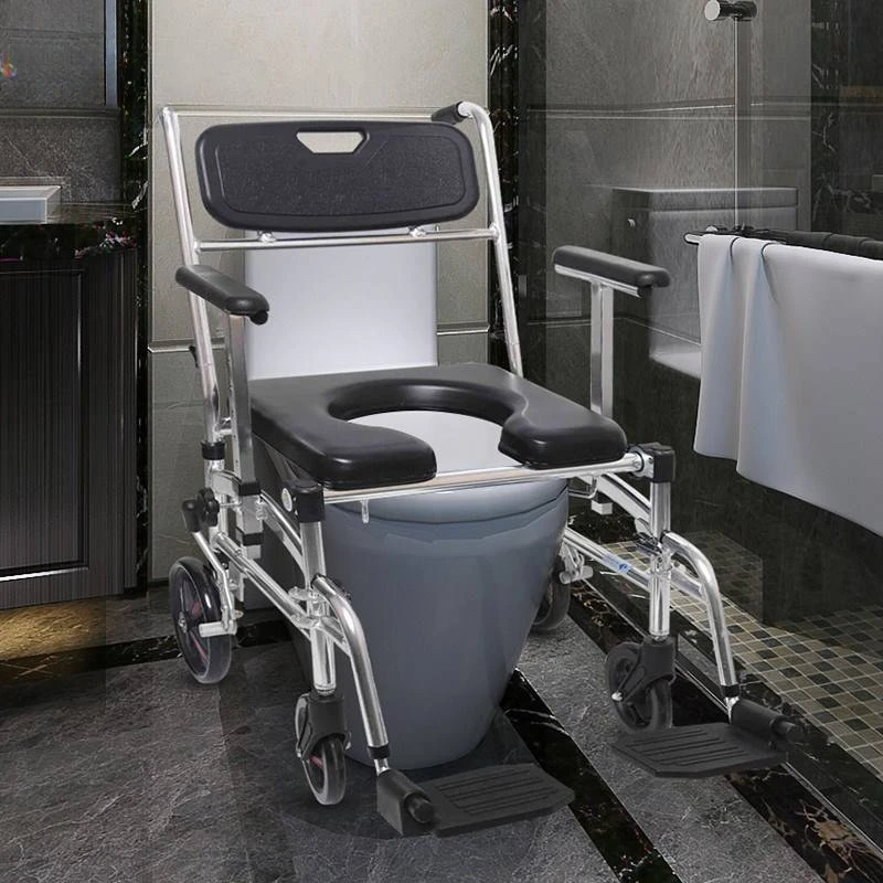 Elderly toilet chair non-slip belt wheel bath chair enlarged toilet folding aluminum alloy small wheelchair with toilet