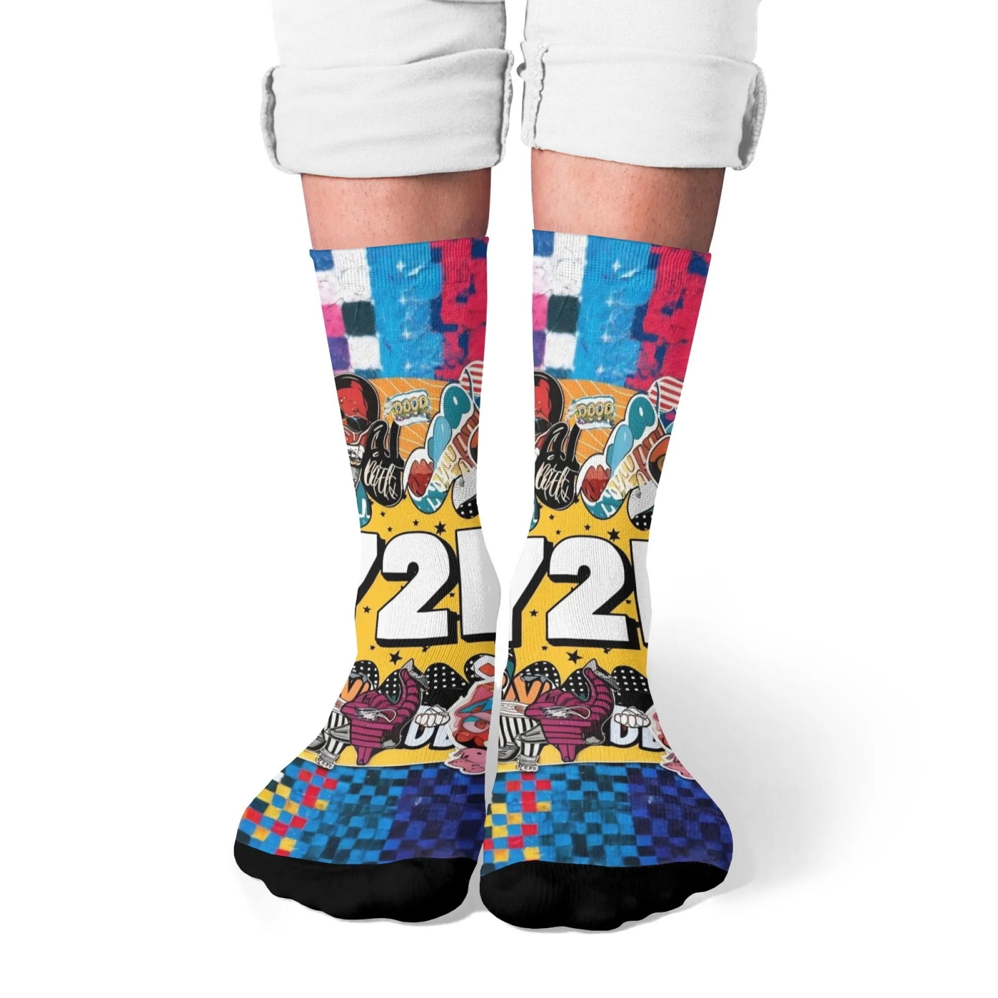1 Pair Y2K Retro Pop Art Full-body Print 90s Nostalgia Socks Colorblock Digital Patterns Novelty Stocking for Themed Outfits