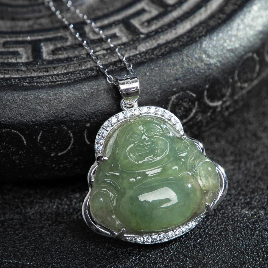 

TIMESWIND Little Laughing Buddha Natural A-type Green Jade S925 Zircon Women Necklace with Certificate