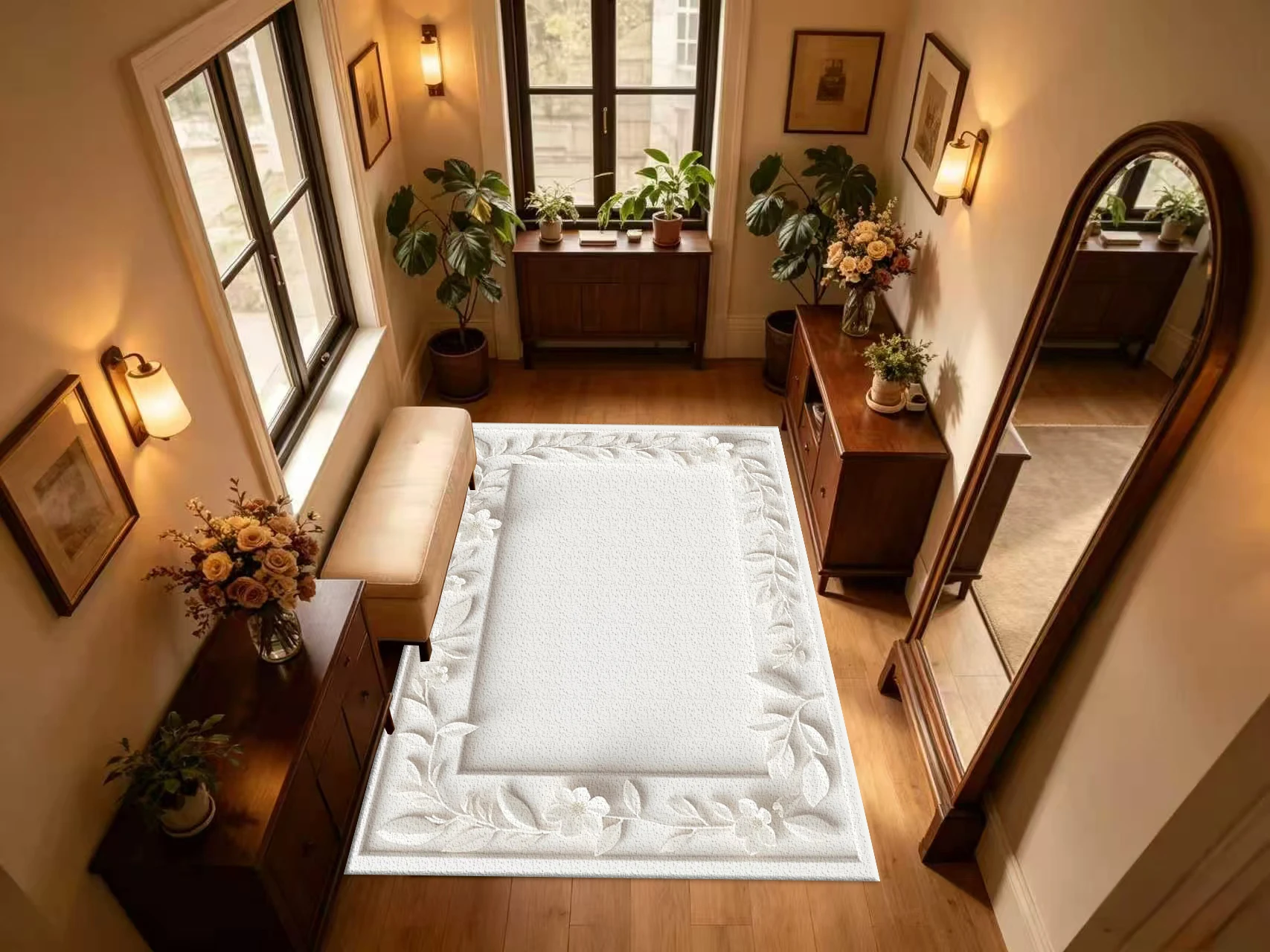 White 3D Embossed Floral Frame Carpet Flooring Minimalist Hollow Border Printed Square Floor Rug for Household Home Decor