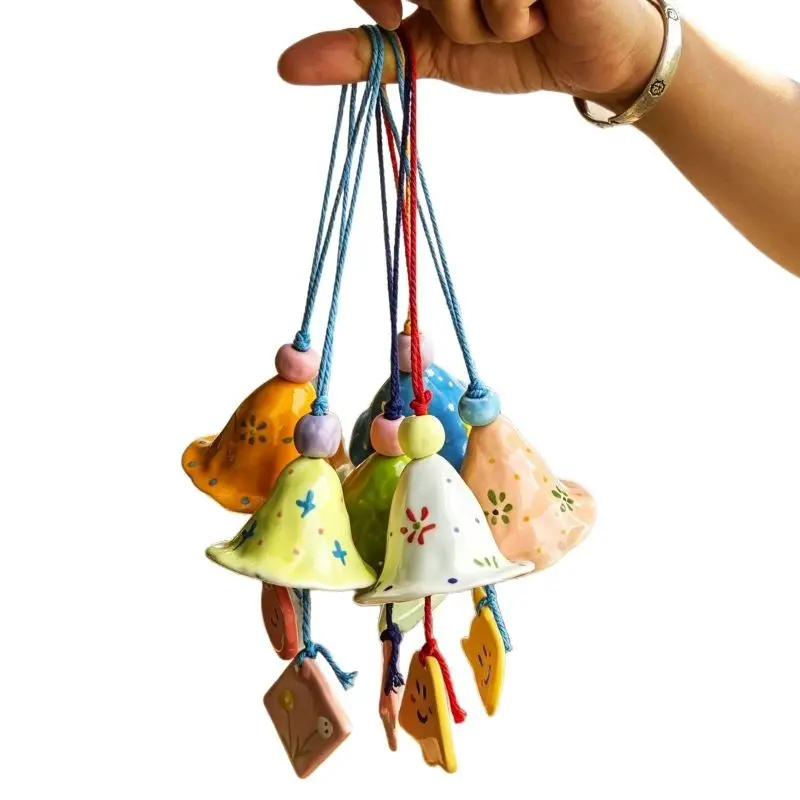 Handmade Ceramic Wind Chime Cute Green Pink Floral Hanging Wind Bell For Home Garden Yard Indoor Outdoor Decor