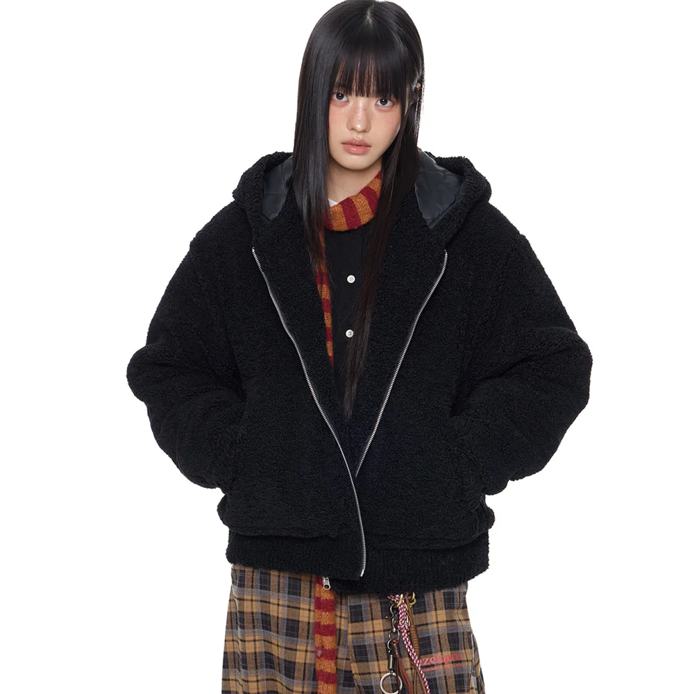 Men Women Streetwear Fashion Loose Casual Padded Cotton Hooded Jacket Coat American Vintage Faux Lambswool Quilted Short Jacket