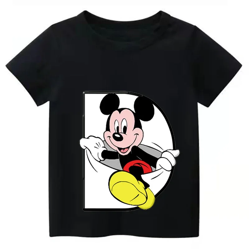 2024 New Summer Letter Combination Children High Quality T-shirt Disney Mickey Mouse Font A B C D E F Short Sleeve Kids Tshirt