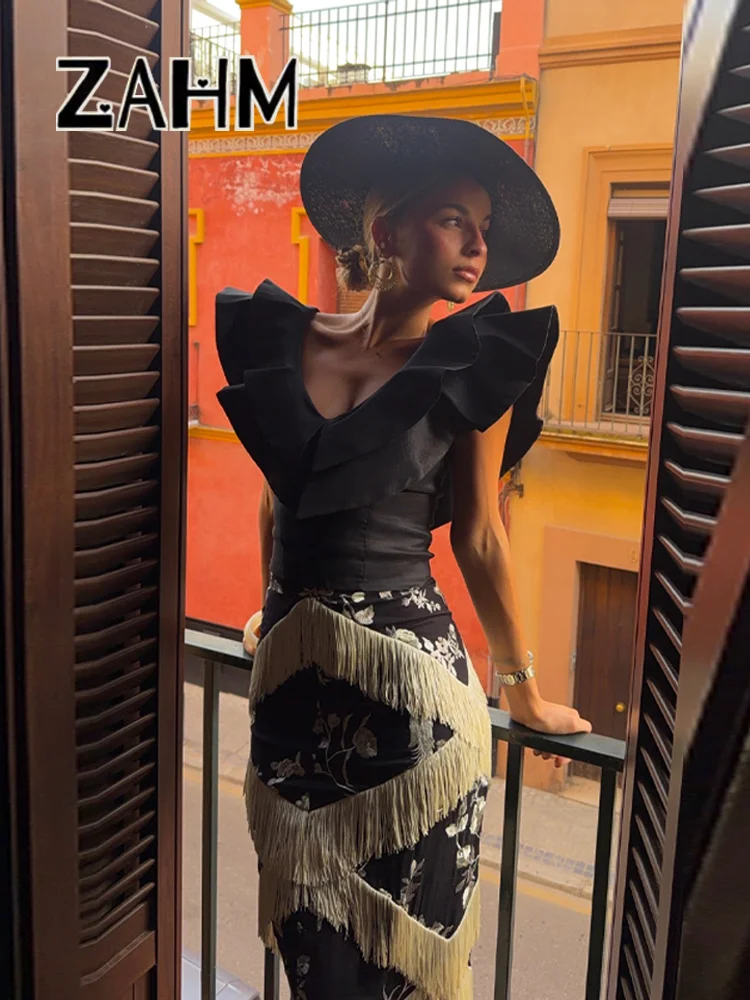 Conjunto de Falda y Blusa Sexy para Mujer, Estilo Playero con Volantes, Cuello en V, Sin Mangas, Borlas, Cremalleras, Estampado, Primavera-Verano 2026, Nuevo