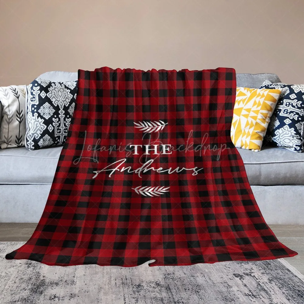 Red Black Plaid Leaves Custom Name 50x60in Baby Blanket, Personalized Throw for Newborn Shower Gift