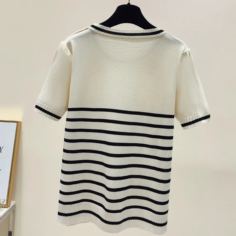 2025 Summer Women O-Neck Cashmere Wool Knitted Pullovers Short Sleeve Loose Jumper Knitwear Sweaters Striped Casual Tops