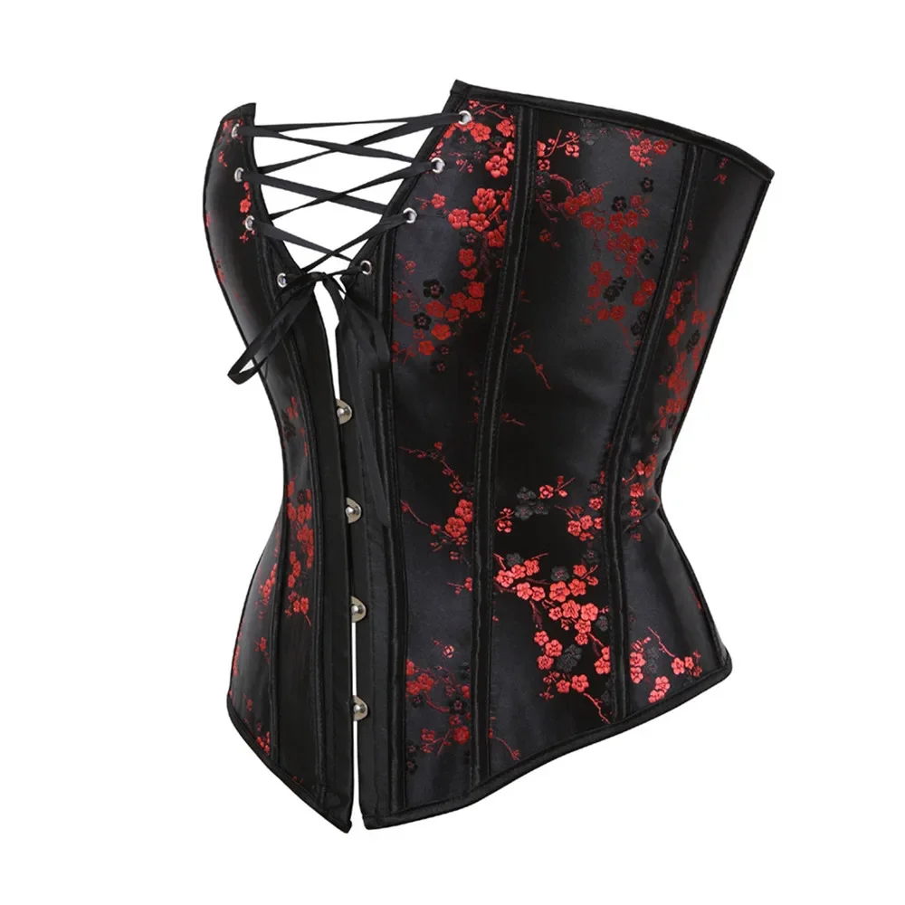 Red Corsets Top Women Sexy Bustiers Gothic Brocade Lace Up Corset Overbust Vintage Flower Print Lingerie Corselet Korsett