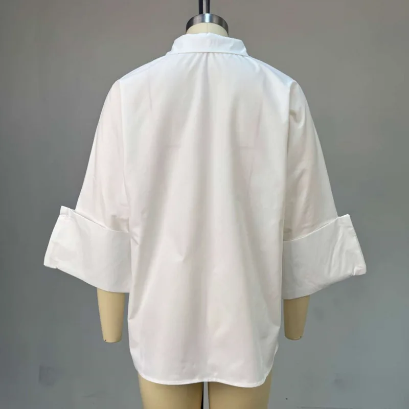 HKSH Spring Autumn New Women Chic Shirt Turn-down Collar Single Breasted Rolled-up Cuffs Solid Color Elegant Tide Blouse HK17225