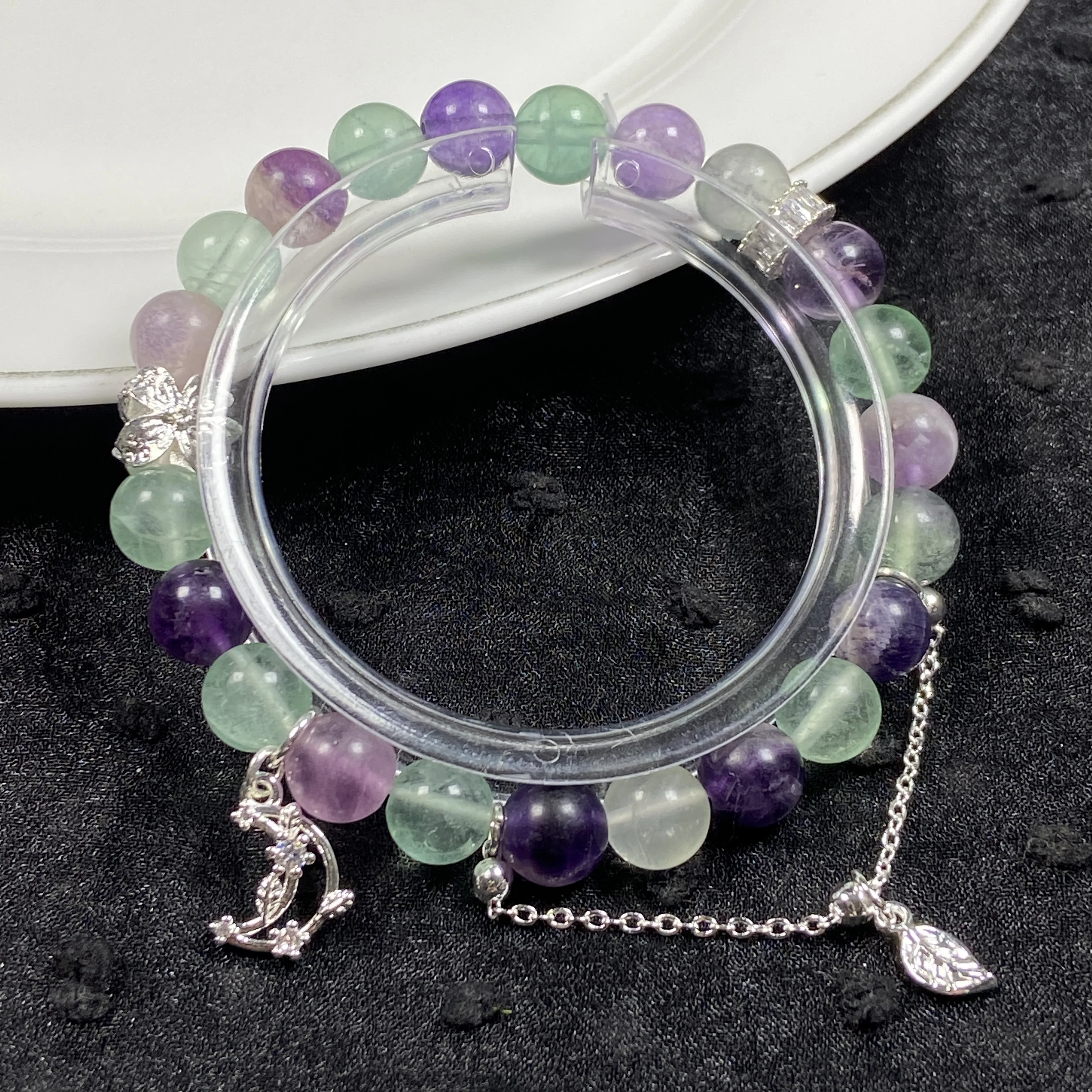 Natural Fluorite Beaded Bracelet, Round, Reiki Crystal, Healing Gemstone, Chain Accessory, Fashion Jewelry Gift, 1Pc