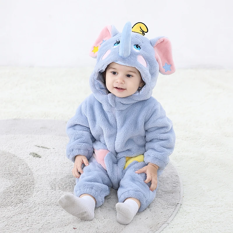 Kigurumis Lovely Elephant Newborn Baby Clothes Bodysuit Winter Flannel Boys Girls Romper Warm Cosplay Costume Outfit Hooded