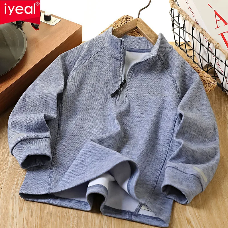 IYEAL 2025 Autumn Winter Children's Sweatshirt Boys and Girls Solid Color Stand up Collar Half Zipper Pullover Long Sleeve Top