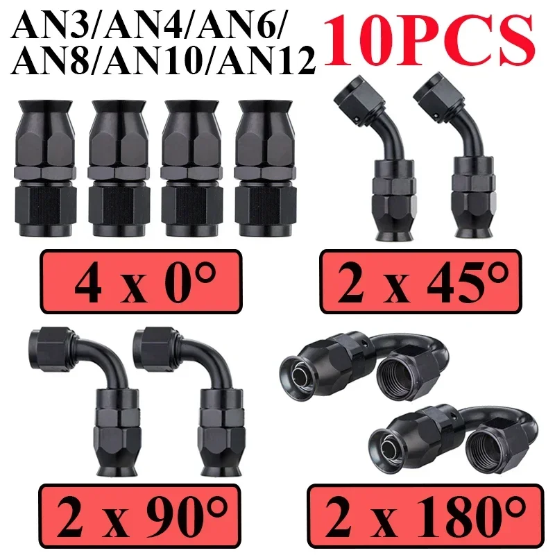 

10Pcs Universal AN3 AN4 AN6 AN8 AN10 Straight 45 90 180 Degree Reusable Hose End Fittings Adapter For Swivel PTFE Oil Fuel Line