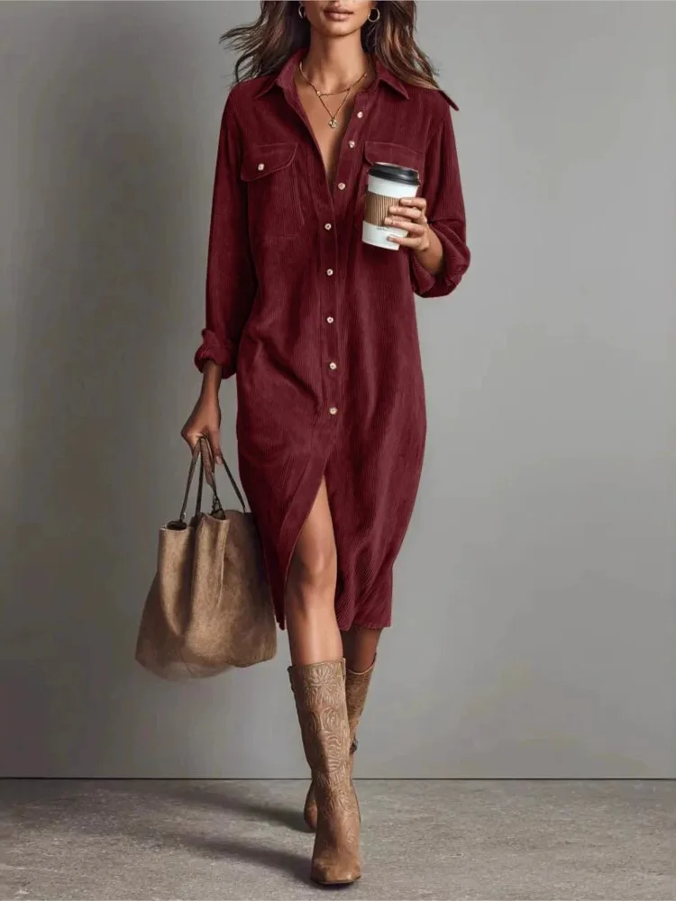 

Solid Color Corduroy Long-sleeved Dress Spring Summer Women's New Lapel Shirt Loose Pocket Long Dress Vestidos Para Mujer