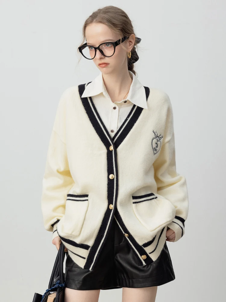 

Eggka Color Blo V-Ne Вышитый вязаный открытый кардиган Женский свободный крой Верхняя одежда средней длины Топ на осень College Sle