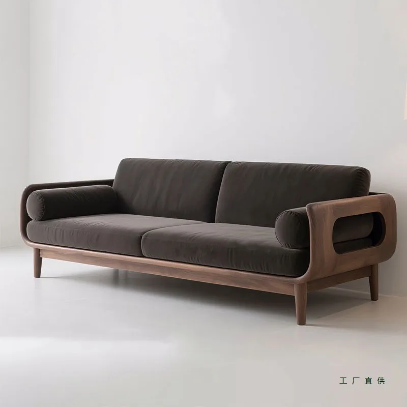 New Chinese walnut solid wood sofa straight row three-person fabric light luxury living room sofa no