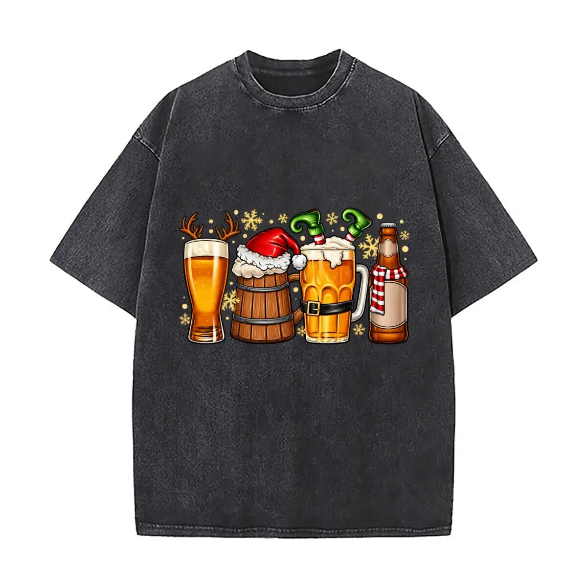 Christmas Beer Santa Reindeer Elf Snowflakes Vintage Distressed Loose Streetwear Tops for Campus Days