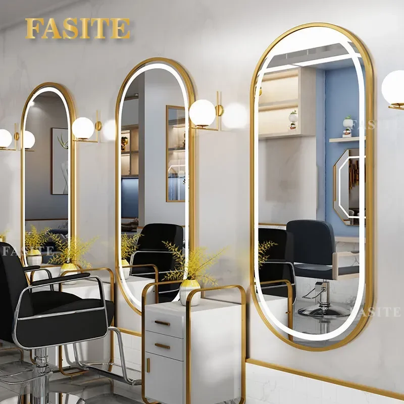 For Barber Shop Wall Mounted Hair Mirror with Lamp Single Sided Makeup Mirror for Hair Cutting Styling Trendy Design