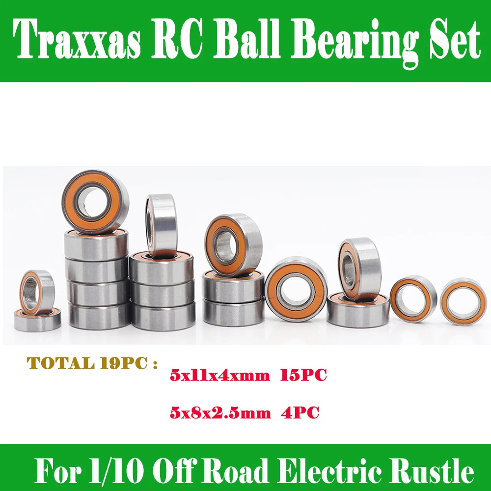 19 Pcs Traxxas RC Bearing Set For 1/10 Off Road Electric Rustle  ( 5x11x4 mm 15 PC ) , ( 5x8x2.5 mm 4PC ) Orange Sealed Bearings